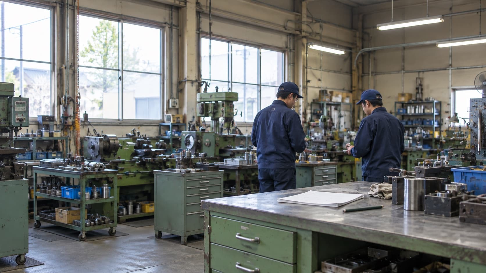 町工場の作業台に置かれた図面と帳票、奥で作業する社員